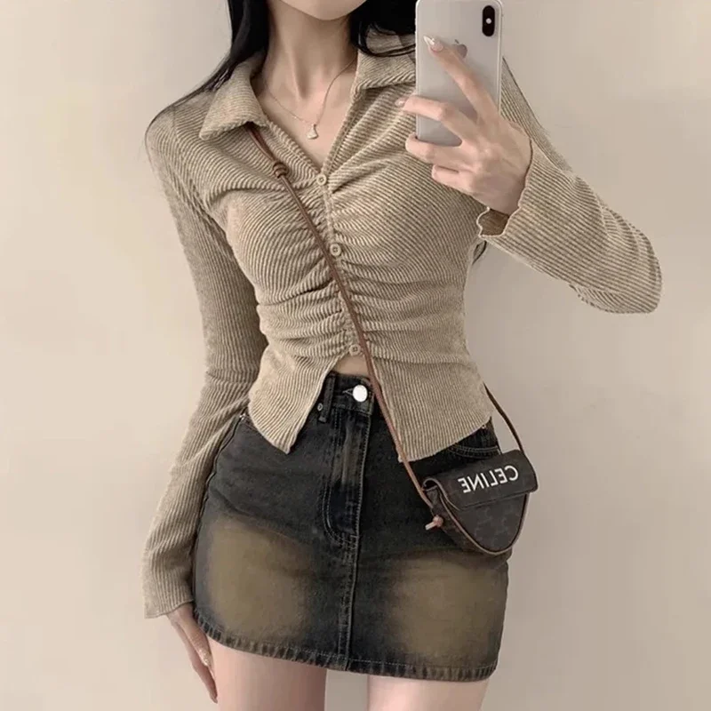 South korea Chic Autumn Retro Temperament V-neck Pleating Design Slim fit Slimming Versatile Split Long sleeve Knit Women Z217