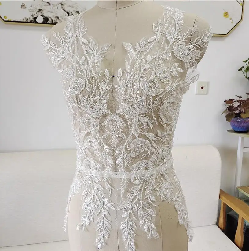 65*48CM Perlen-Pailletten-Spitze Brustblumen 3D Hochzeitskleid-Applikation DIY Braut-Kopfschmuck Spitzenkragen Spitzenstoff-Applikation RS4187 – Detail 5