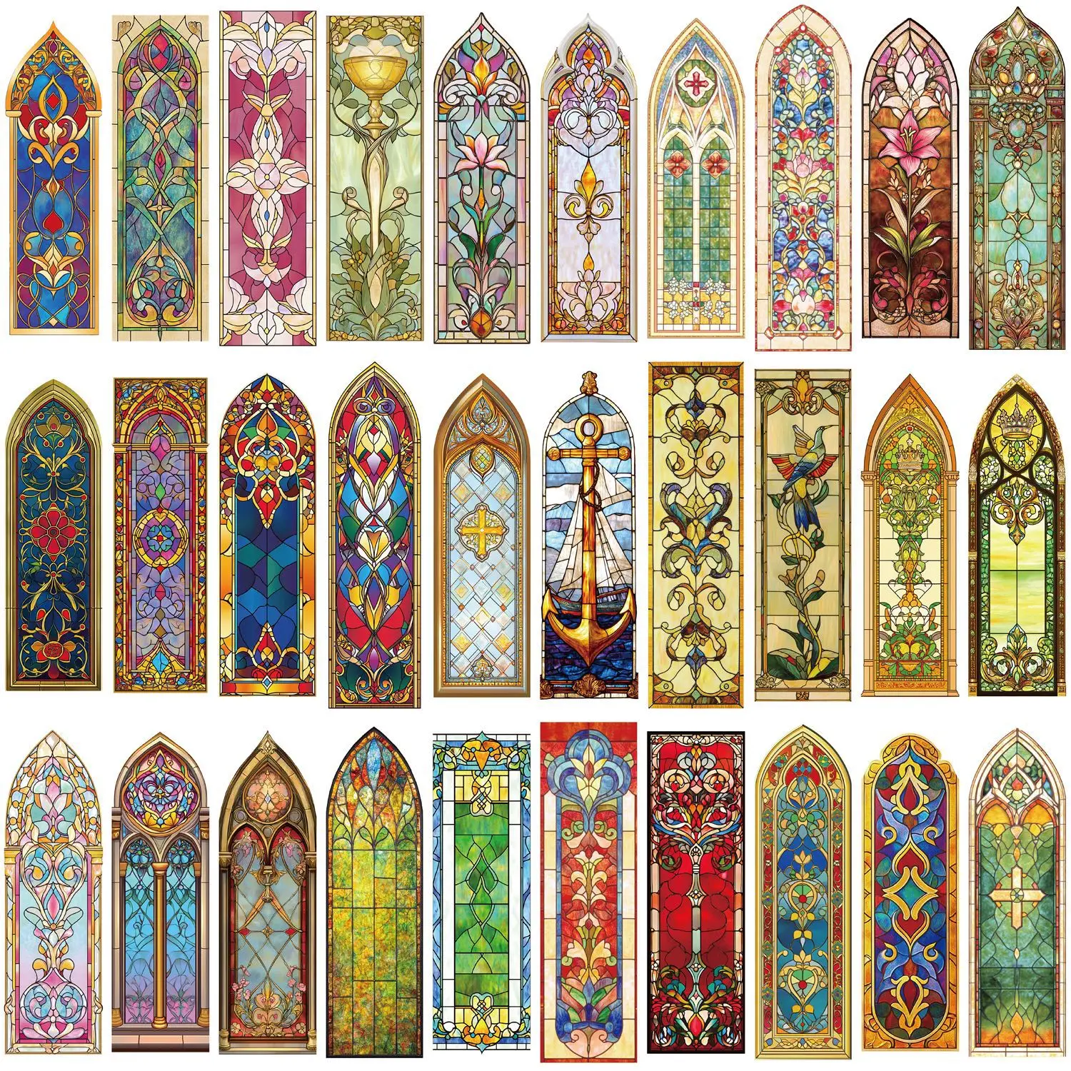 30Pcs/Set Stained Glass Bookmarks Retro Art Deco Church Window Patterns Vintage Floral Geometric Book Marks for Book Lovers