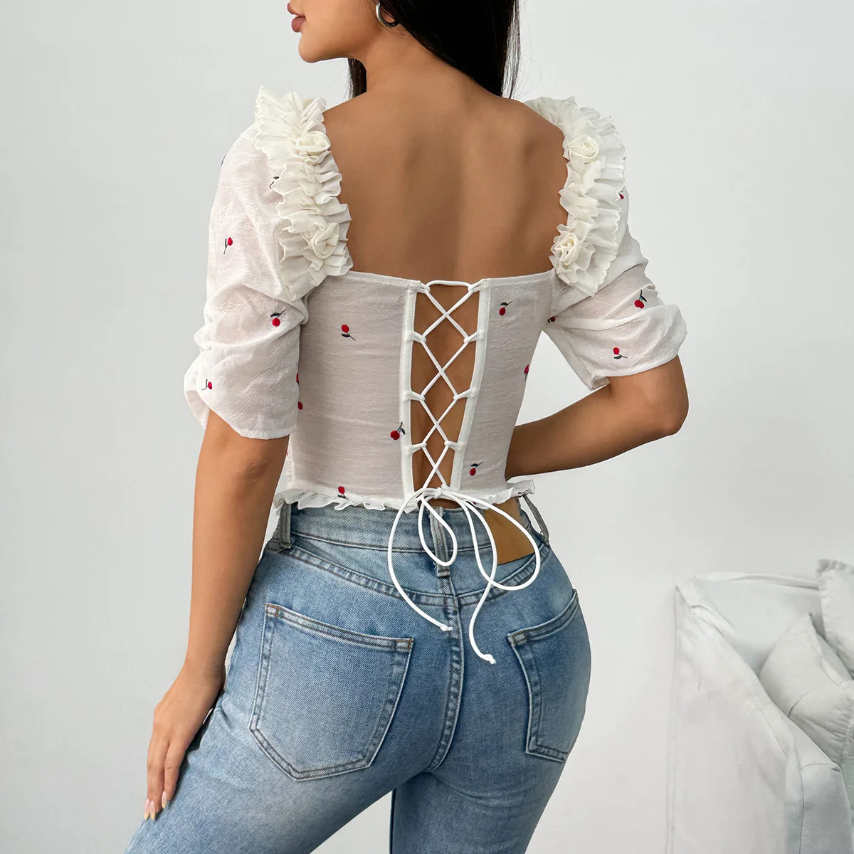 2025 Woman Clothing Top Women T-shirt Tank Top Female Clothes Vacation Style Embroidered Elastic Slim Fishbone Backless Tie Top