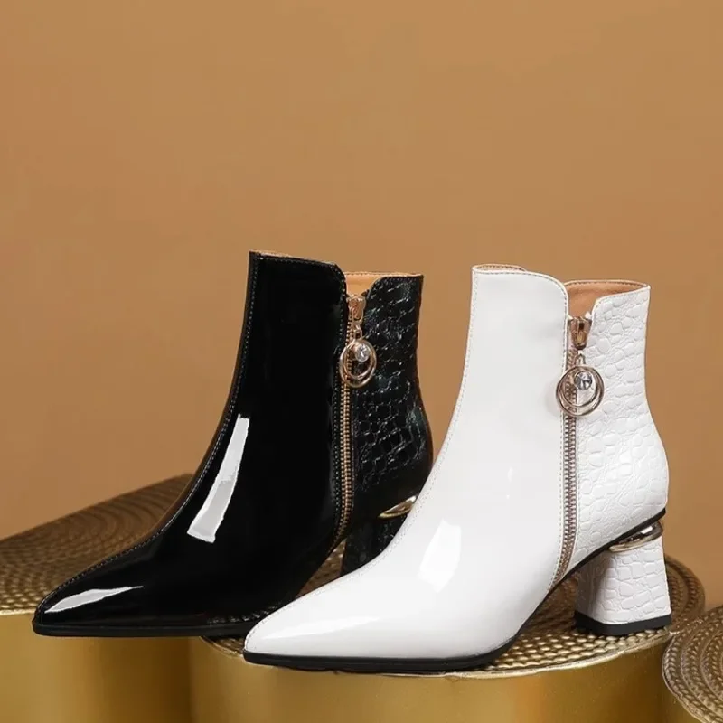 

YUANWUXIONG Patent Leather Block Heel Booties Fashion Pointed Toe Zipper Metal Buckle Soft Sole Non-Slip Heeled Leather Shoes