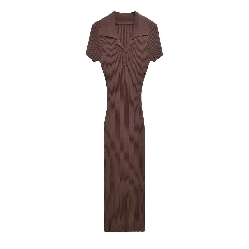 KADUWAKI Spring Woman Trendy Short Sleeve Knitted Maxi Skirt Bodycon Dress Chic Woman's Turn-Down Collar Button Ruffles Dresses
