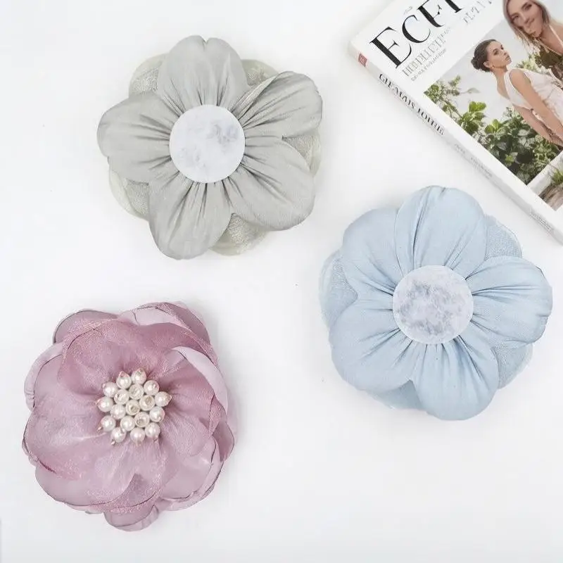 5 Stücke Nähstoff 3D Chiffonblume Chiffonperlen Zentrum Künstliche Blume Schuhdekoration Gebrannter Rand DIY Nähapplikation – Detail 5