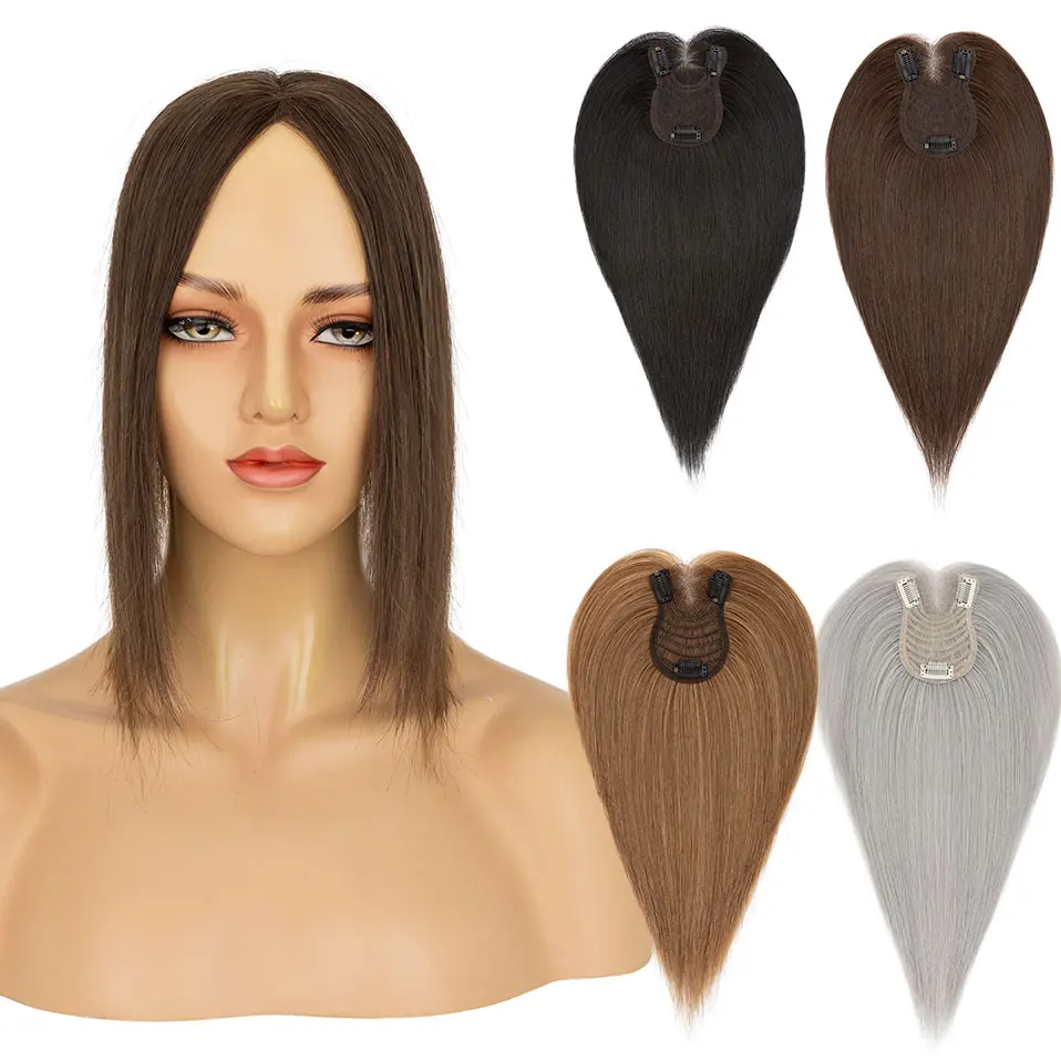 Hair Topper for Women Human Hair Clip-in Crown Hairpiece for Instant Volume and Gray Root Coverage Real Hair Toppers