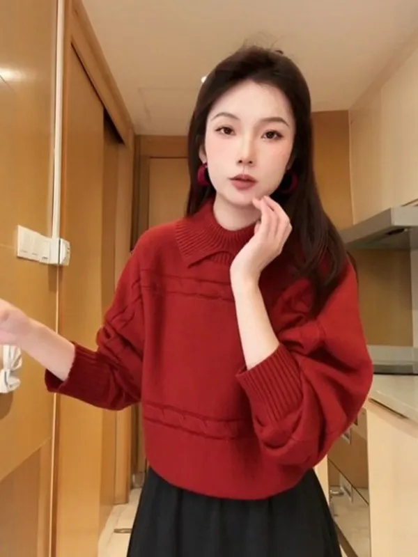 

Retro Red Knitted Sweater Women's Autumn Winter Loose Long Sve Turn-down Collar Twist Yarn Slimming Top Faionable Casual