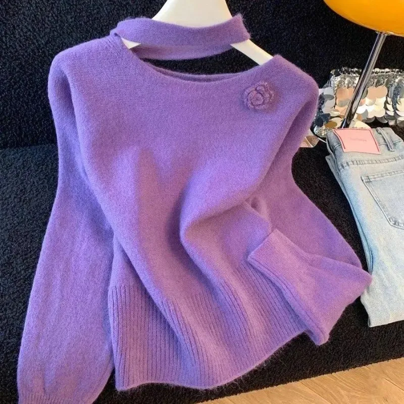 

Женский французский элегантный свитер-халтер с цветочным узором, фиолетовый, весна-осень, модный однотонный вязаный пуловер, новинка 2026 года, топы для женщин