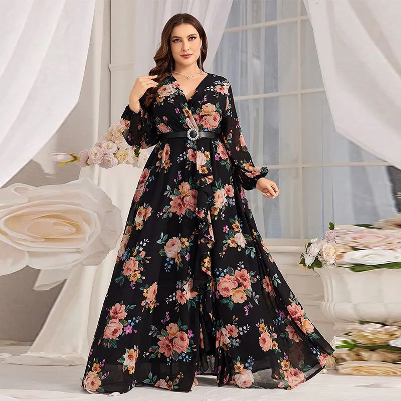 

Ele Large Size Chiffon Dr Faionable Evening Gown A-Line Skirt Long Sve Plant Floral Patterned Wedding Dr