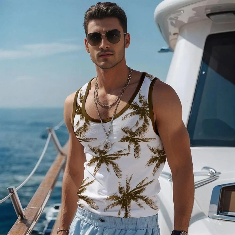 Coconut Tree Pattern Tank Tops For Men Colorful Plants 3D Printed Tops Summer Casual Loose Sports Round Neck Vest Street Tees