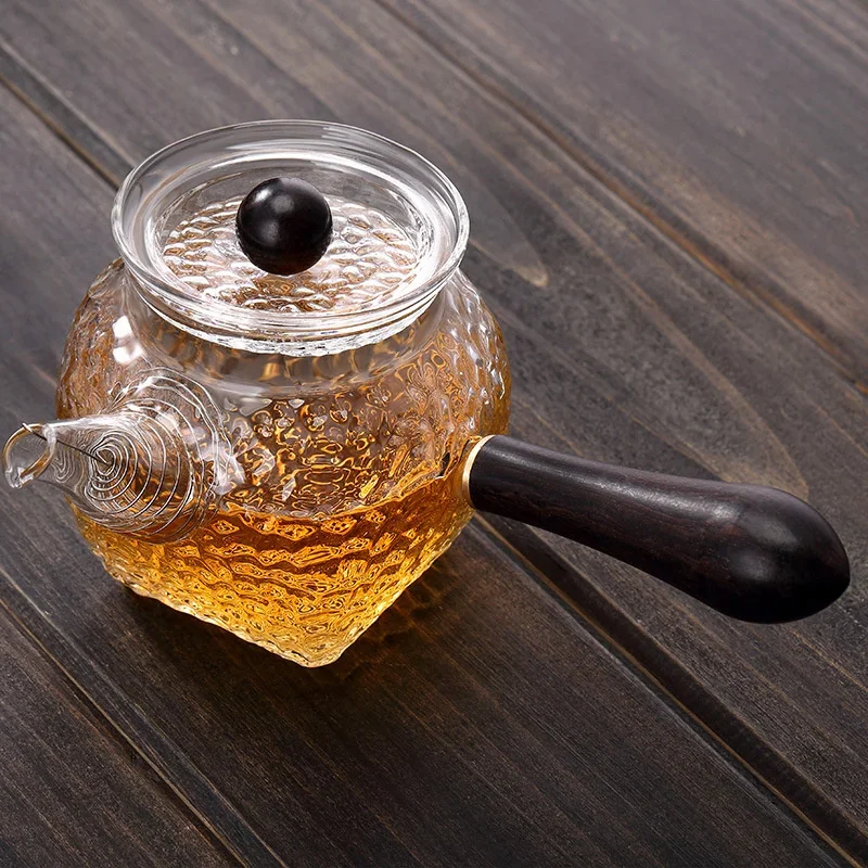 250ml Side Handle Wooden Hammer Pattern Glass Teapot With Filter Brewing Green Tea Pot Kungfu Tea Maker Tea Set