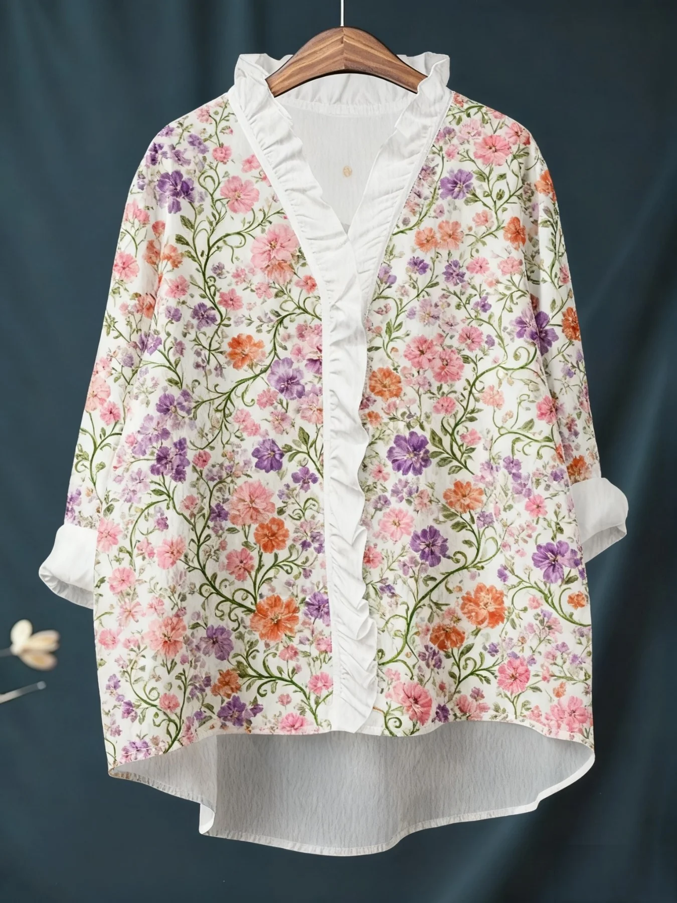 Ladies' printed long sleeved shirt with ruffled neckline, Comfortable and easy to maintain polyester fiber.