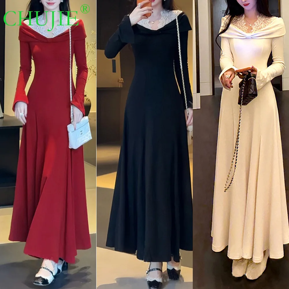 

CHUJIE Red Christmas Fleece-lined and Thicke Style- French Knitted Autumn Winter Lace Off-Shoulder Birthday Banquet Long Dress