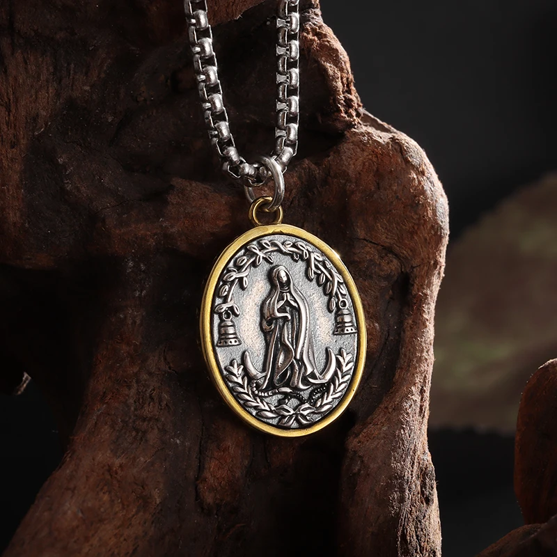 Vintage Catholic Style Virgin Mary Medal Pendant Stainless Steel Necklace for Men Women Church Wear Prayer Jewelry Amulet Gift image 3