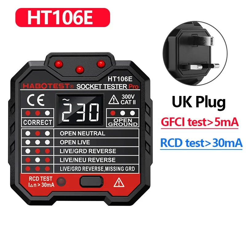 HT106/HT107 Digitale Outlet Socket Detector Spanningstest Socket Testers US/UK/EU Plug Ground Zero Line Fasecontrole RCD NCV Tester