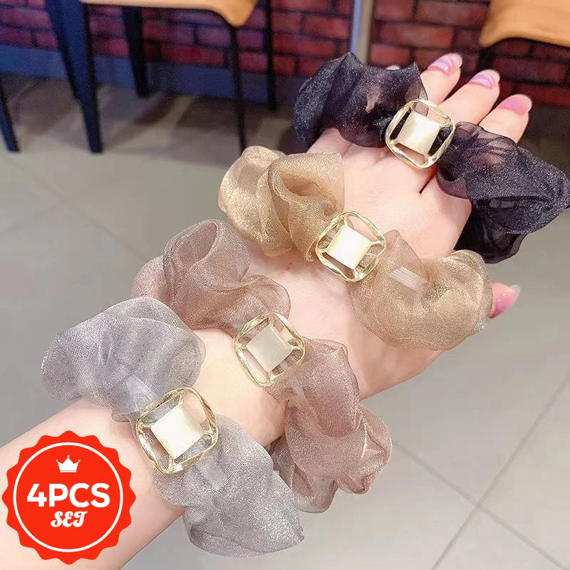 

4Pcs/set Simple Cat Eye Stone Large Intestine Hair Tie Fashion Mesh Hair Elastic High Elasticity Temperament High ponytail Rope
