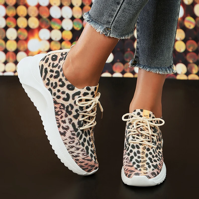 Leopard Print Breathable Sneakers Women 2023 Autumn Knitted Mesh Flat Heels Casual Shoes Woman Plus Size Soft Sole Walking Shoes