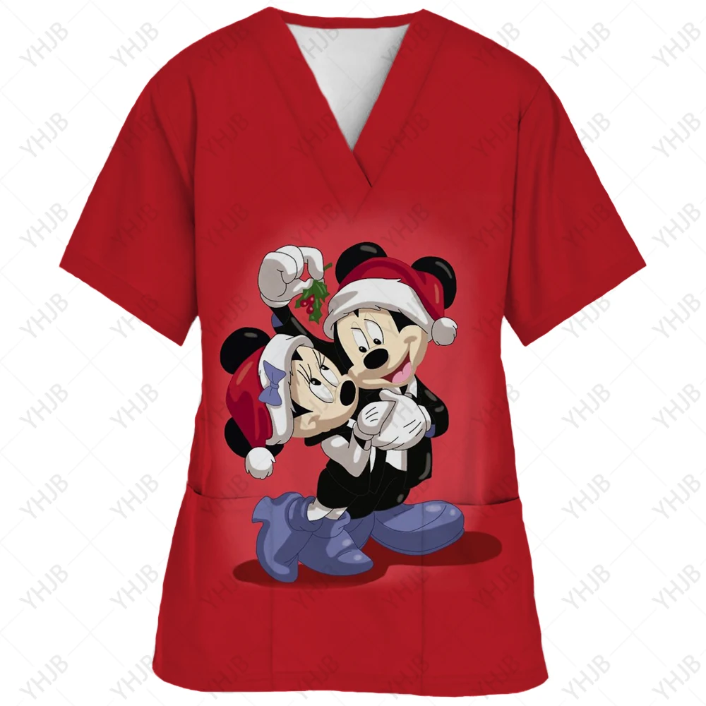 Christmas Mickey Mouse Nurse Uniform Frosted Top Women\'s Christmas Cartoon Elk Print Short Sleeve Pocket Bodysuit Uniform Medica