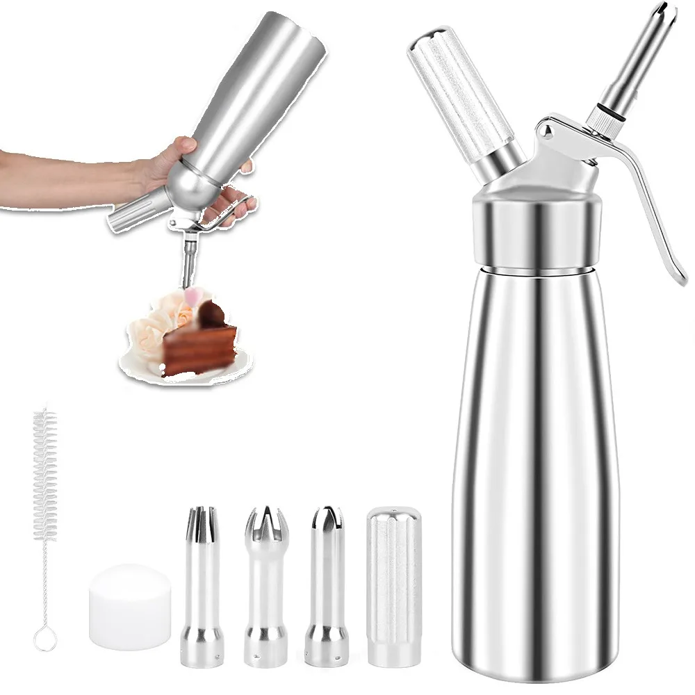 Distributeur de crème de 500 ml avec 3 embouts décoratifs et brosse de nettoyage, distributeur de crème fouettée professionnel pour la fabrication de gâteaux