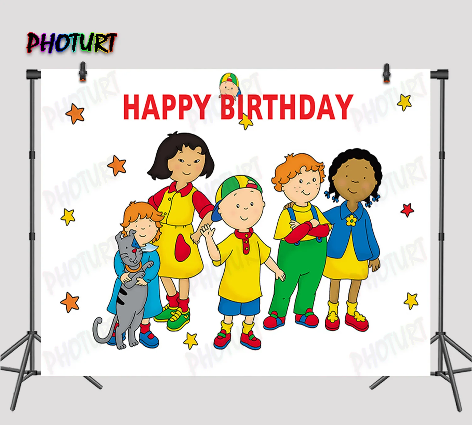 PHOTURT Caillou Boy Backdrop Kids Birthday Banner Blue Stripe Star Photography Background Polyester Vinyl Decoration Props