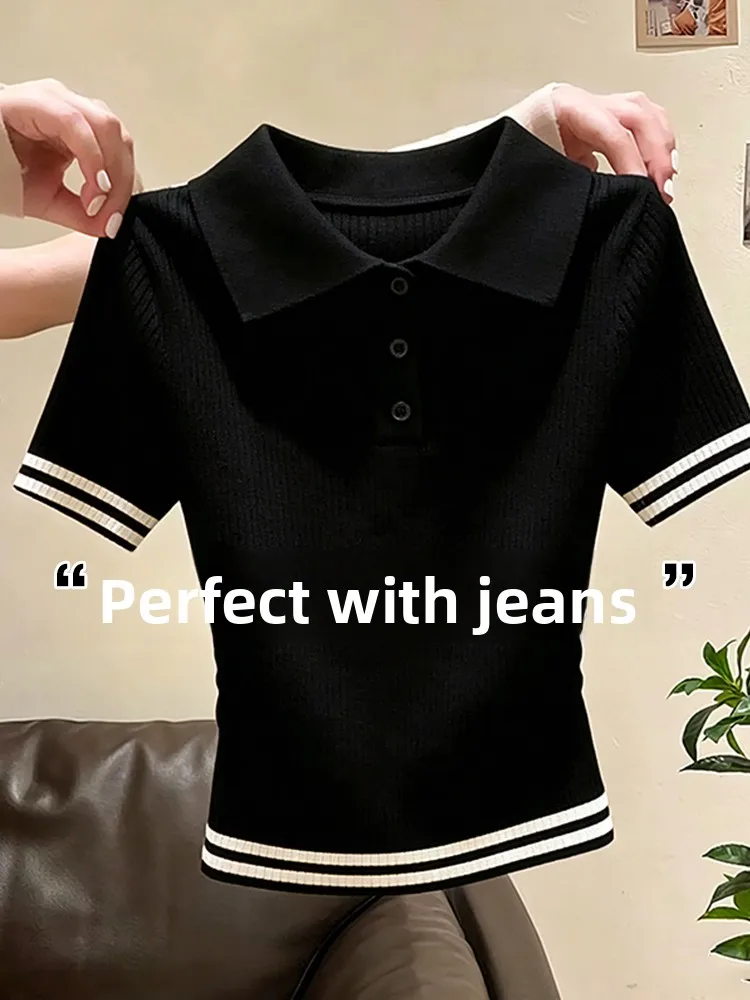

Retro Soft Black Neck Short Sleeve Knitted Shirt Women Summer Unique Beautiful Slim Fit Versatile T Shirt Base Layer Shirt