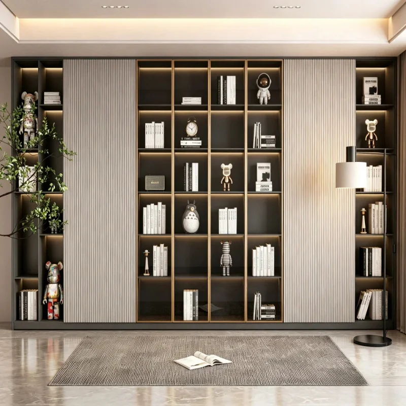 custom.BALOM Luxury Style Fluted Panel Bookcase With Tempered Glass Door LED Lighting Bedroom Storage Display Unit