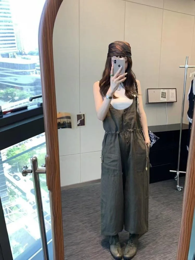 

Korean Sle High Waist Wide Leg Jumpsuit Linen Strap Pants Slimming Commute Straight Cut Summer New Arrival