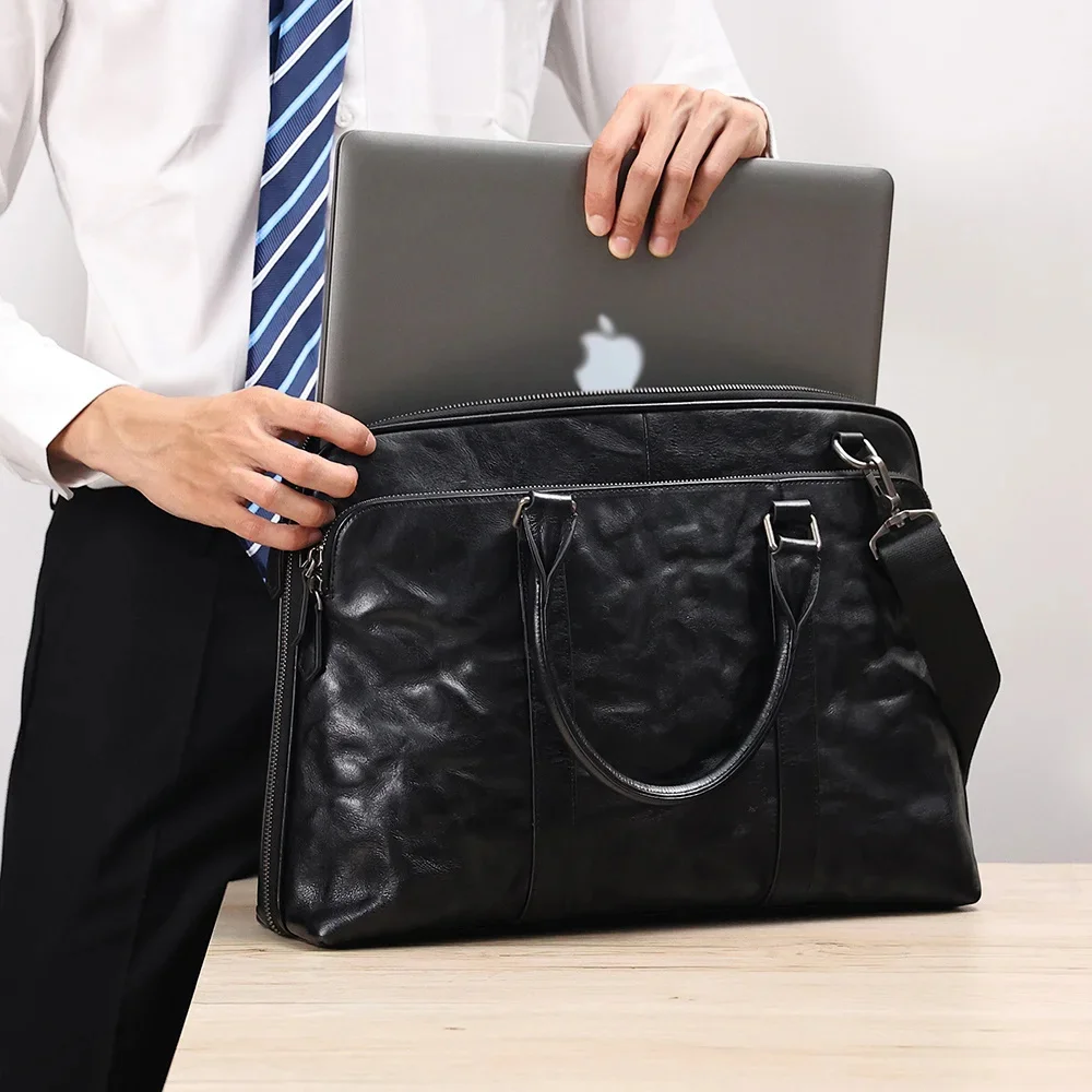 Genuine Leather Men's Briefcase 15.6" Laptop  Business Office Messenger Bag Vintage Handbag for Document Shoulder Bags