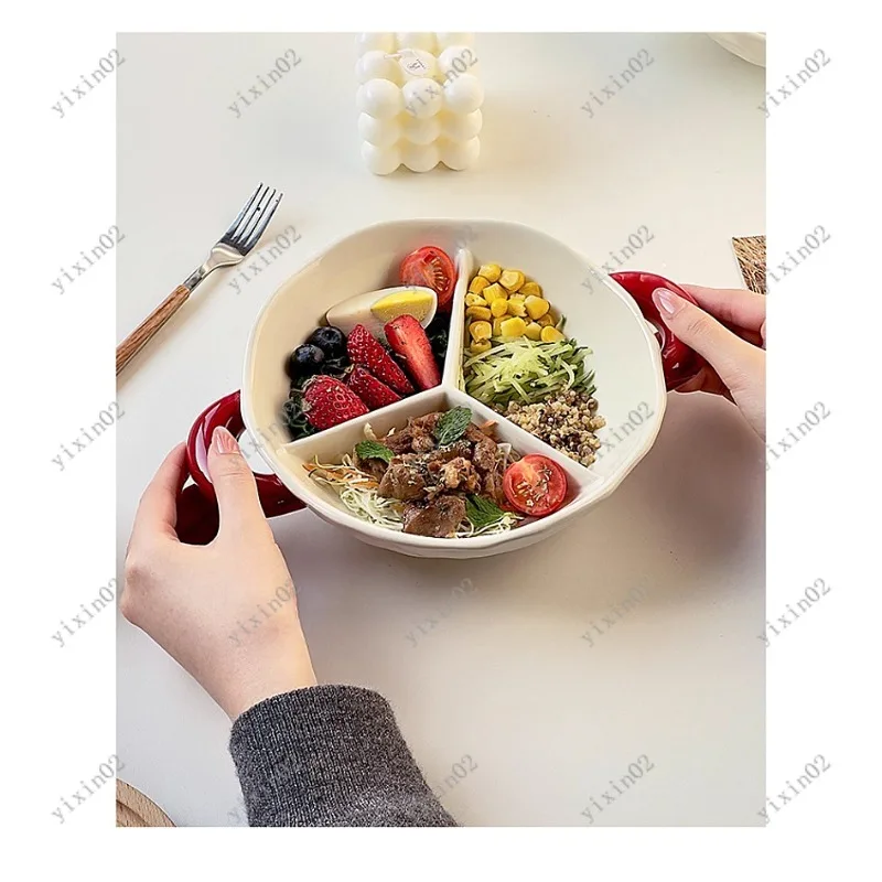 

3-Compartment Divided Plate with Handles Porcelain Dinner Tray for Adults Kids Breakfast