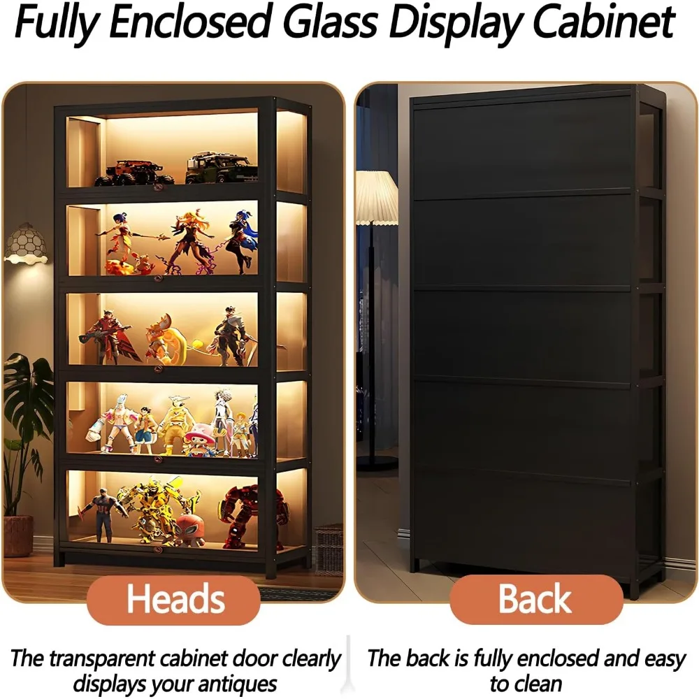 Display Cabinet with Acrylic Glass Doors, 5 Tier Bamboo Curio Cabinets & Display Case for Collectibles, Kids Bookcase for Home,