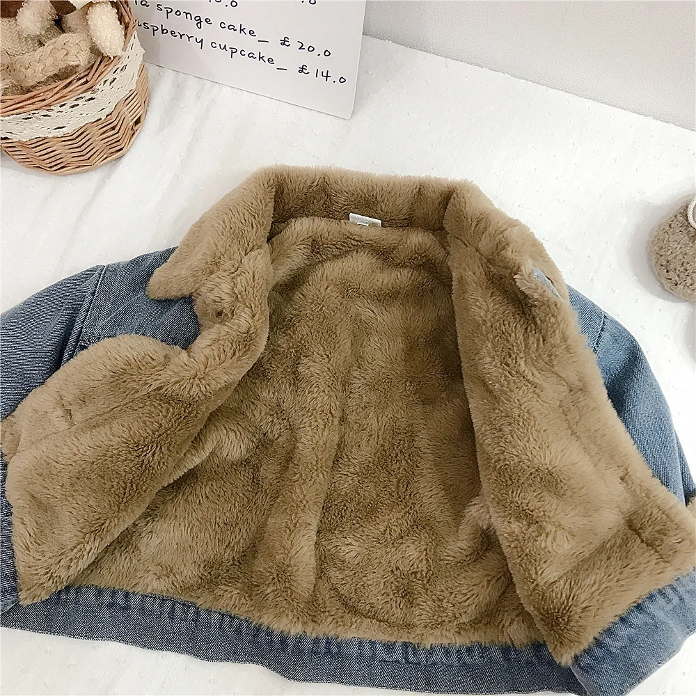 Girls\' cashmere denim coat winter thickened new integrated baby lamb cashmere warm gown children\'s cotton-padded jacket1-8Y