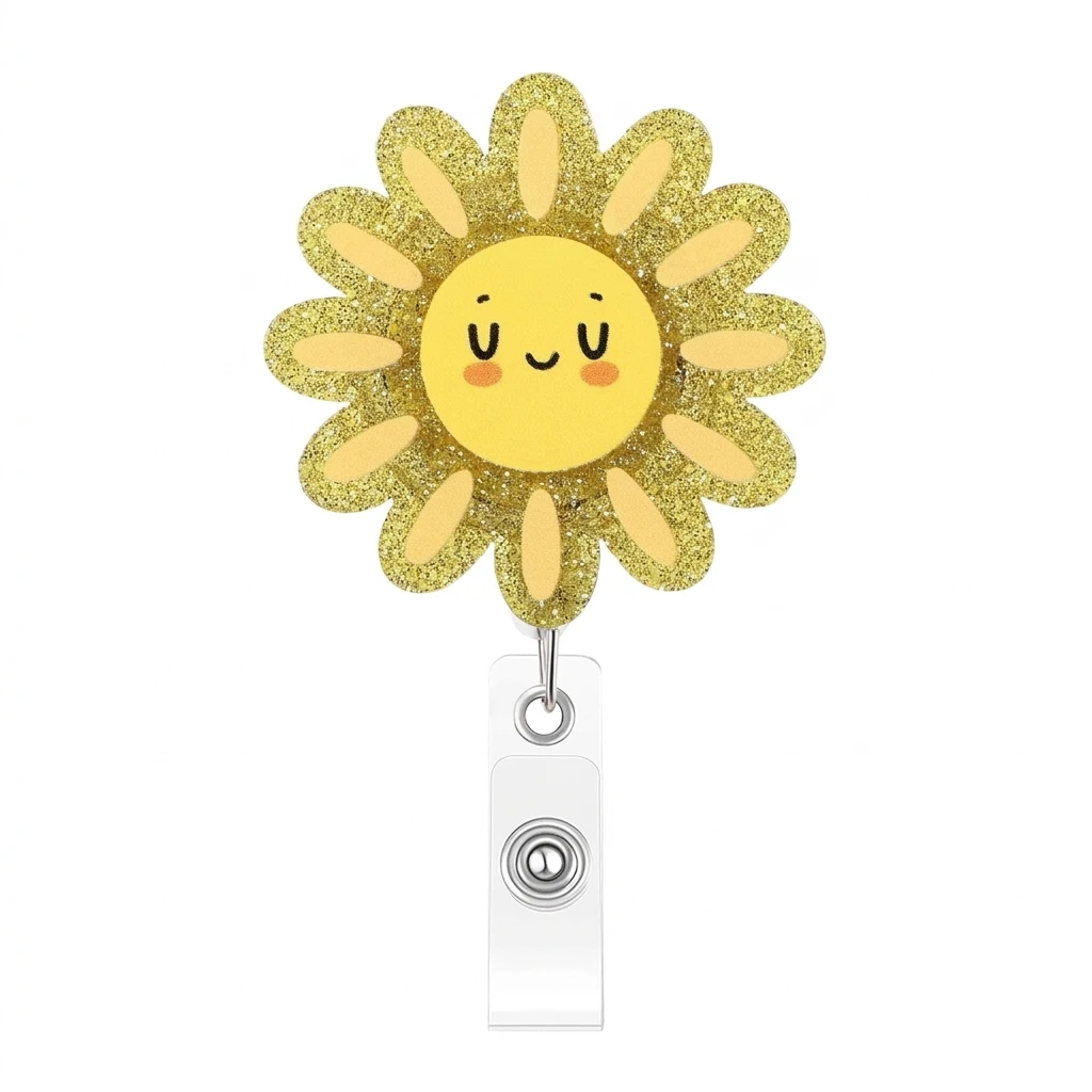 Nurse Badge Reel Retractable ID Holder Pink Glitter Smile Face Acrylic Clip for Medical Staff Teacher Office Use Durable