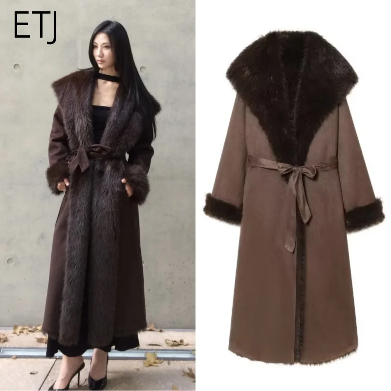 ETJ 2025 women's winter new product noble temperament fashion lapel heavy and warm faux fur effect belt coat long coat