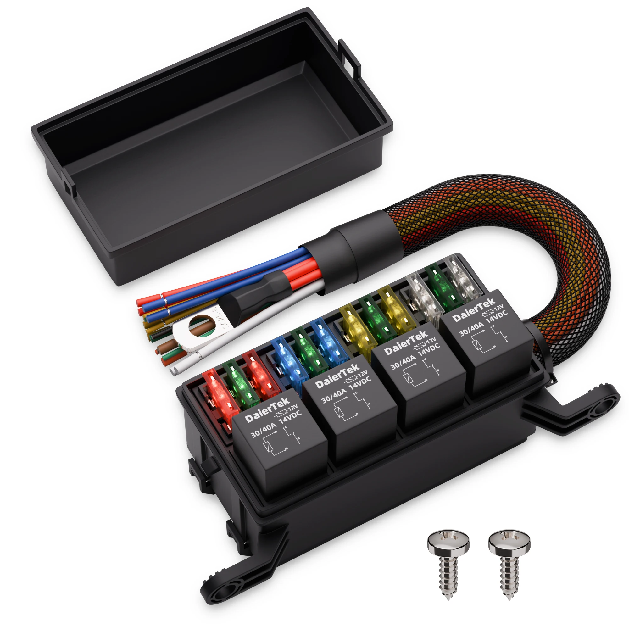 

DaierTek Waterproof 12v Relay Fuse Box 12 ATO/ATC Fuse and 4 Way Relay Block with Pre-Wired Harness for Marine Automotive Car