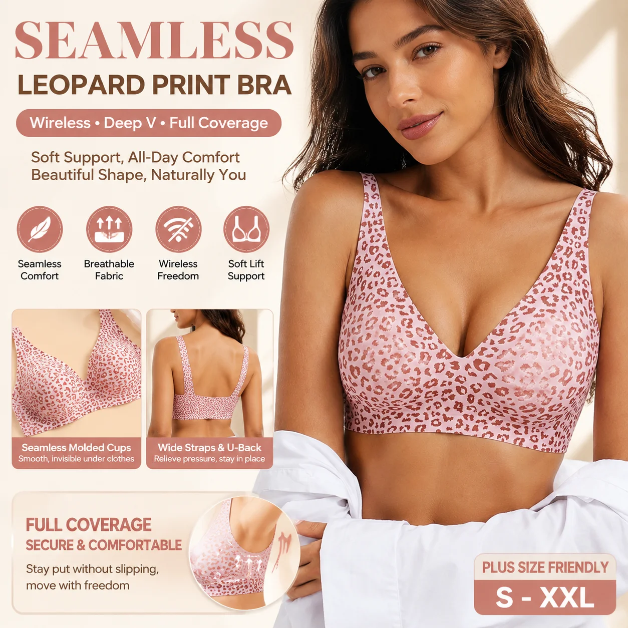 Women Seamless Leopard Print Push Up Bra Deep V Wireless Full Coverage Thin Cup Breathable Comfort Lift Support Plus Size Bra