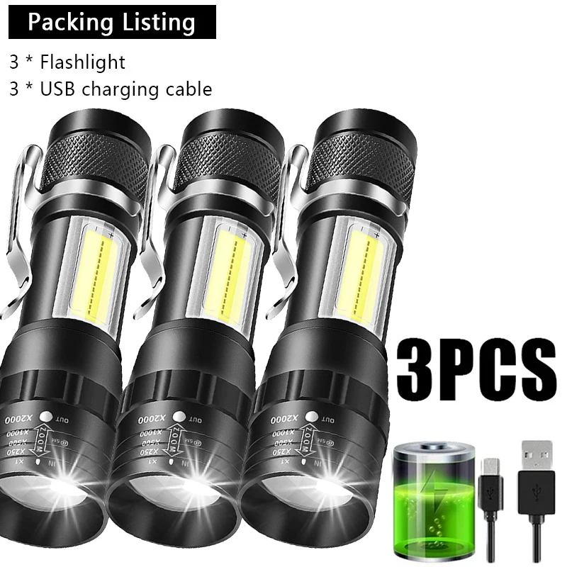 1/3/5 PCS Mini LED Flashlight COB+XPE Portable Torch Camping Lantern Zoomable Focus Light Tactical Flashlight with Pen Clip