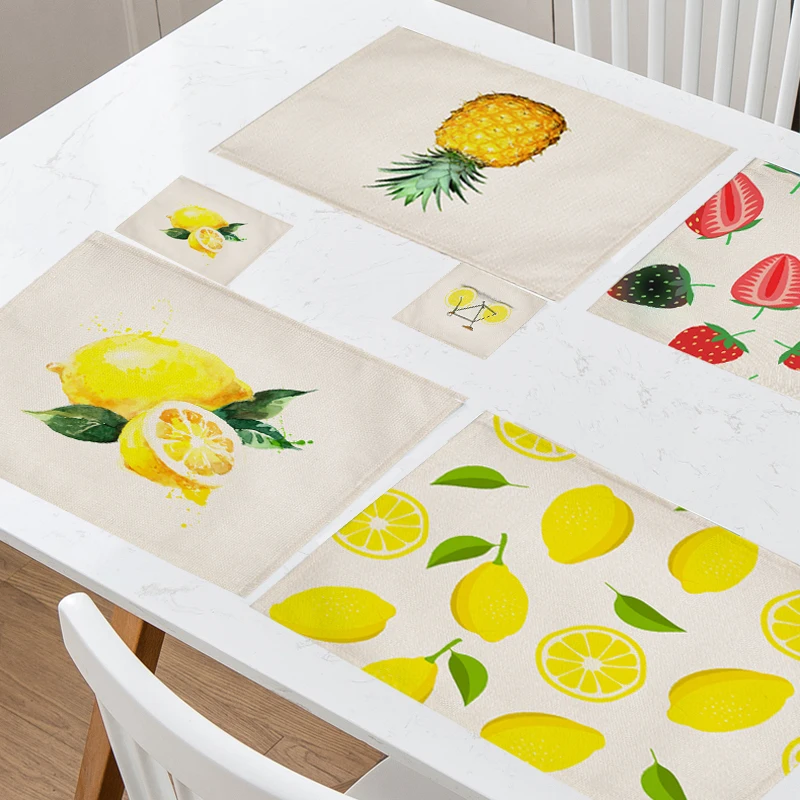 Ins Creative Kitchen Strawberry Pineapple Lemon Fruit Print Table Mat Cotton Linen Placemat Dinner Bowl Coaster Cup Home Decor