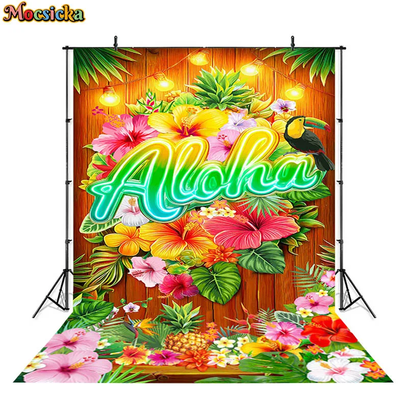 Mocsicka Aloha Tropical Photography Backdrop Hawaiian Luau Party Summer Kid Photo Background Hibiscus Flower Toucan Studio Props