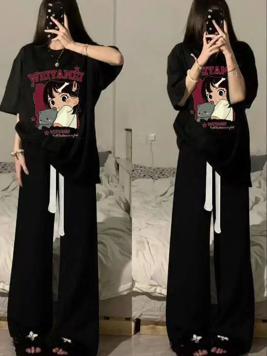 

plus Size Casual Sportswear Set Women Summer Short Sleeve T-Shirt Wide Leg Pants Two Piece Set American Salt Style plus Size