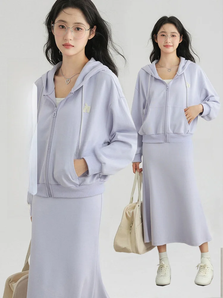 

Мягкий фиолетовый комплект: худи и юбка-карандаш с высокой талией для женщин, повседневный, из хлопка, с длинными рукавами, весенний