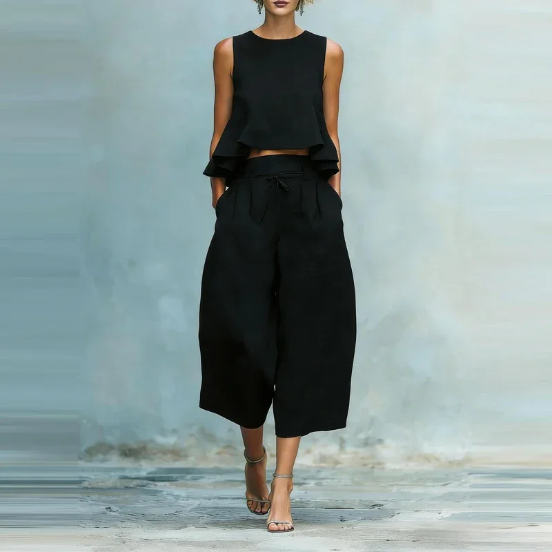 

Summer Loose Vacation Sets Fashion O-neck Sleeveless Ruffles Vest And Wide Leg Pants Sets Elegant Solid Color Lady Commute Sets