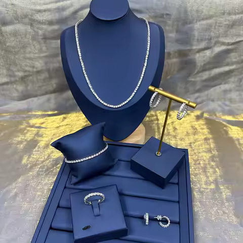 Pure silver classic minimalist full diamond tennis necklace earrings bracelet ring. High end fashion gift.