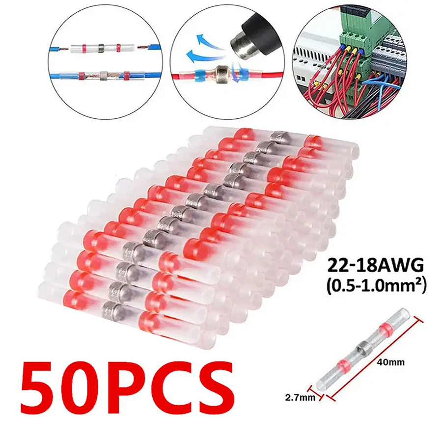 50pcs Red Waterproof Heat Shrink Solder Seal Sleeve Butt Wire Connectors Terminals A.W.G:22-18