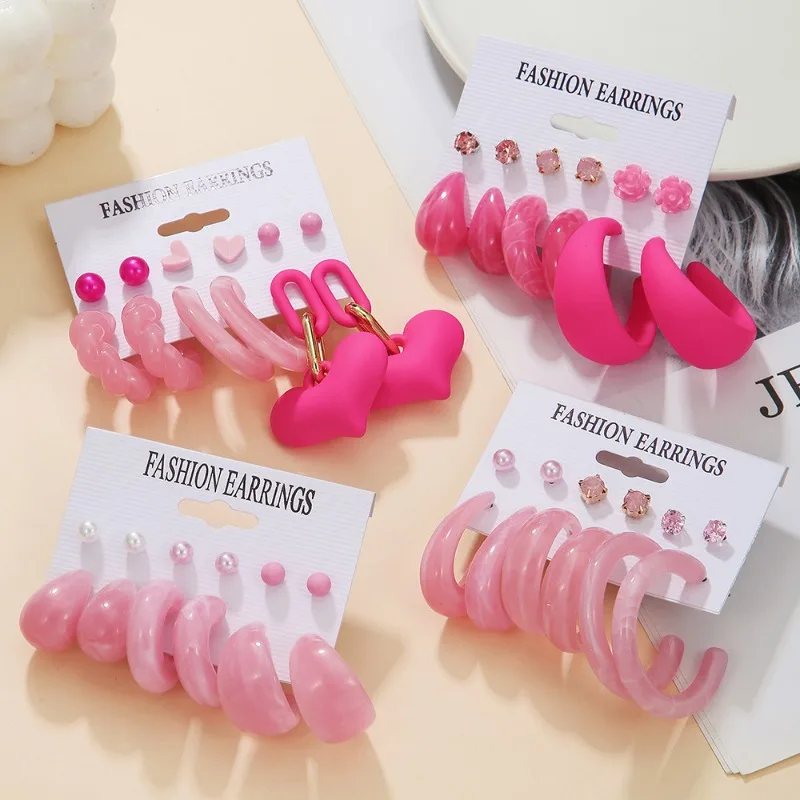 

6 Pairs of Pink Acrylic Resin Earrings Imitating Pearl Rhinestone Heart-shaped Earrings, Suitable for Women's Fashion Jewelry