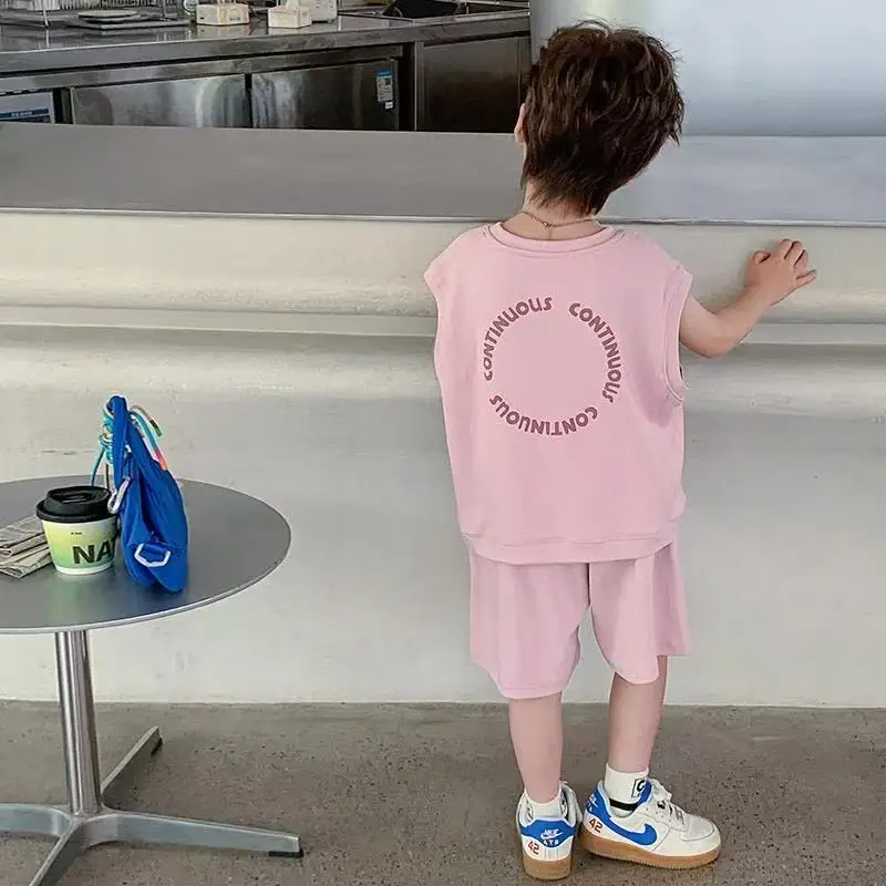 Boys' Summer Set Fashion New Style Children's Sleeveless Pure Cotton T-shirt+Shorts 2-piece Set 90-140cm