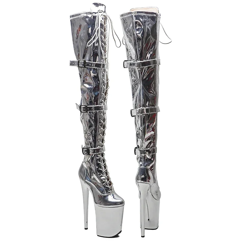 Leecabe 23CM/9 pulgadas botas sexis superiores de PU brillantes electrochapado plateado tacones altos plataforma zapatos de baile en barra