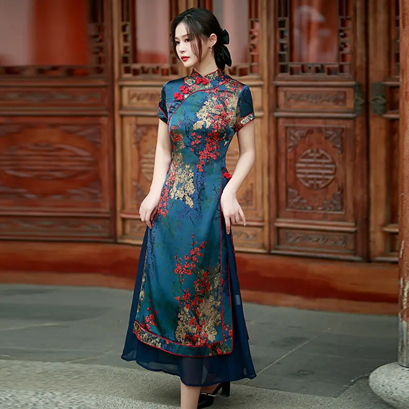 

2023 autumn new vietnam aodai chinese styles women floral printing vintage long dress qipao chinese elegant cheongsam dress a90