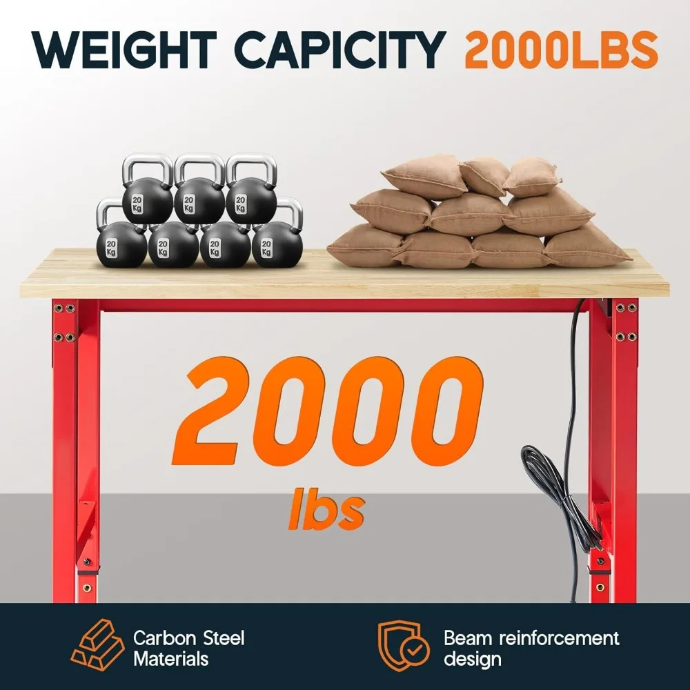 Adjustable Heavy-Duty Workbench 44x20 with Power Outlets, 2000 LB Capacity, Solid Rubberwood Top, Ideal for Garage Use