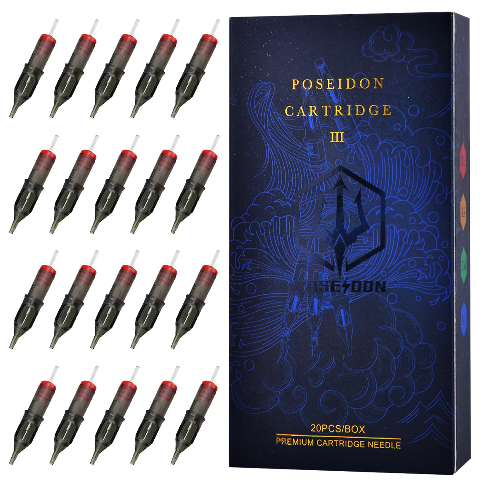 20Pcs Mixed Tattoo Cartridge Needles POSEIDON Disposable Tattoo Cartridge Needles Professional Safety Tattoo Needle for Artist