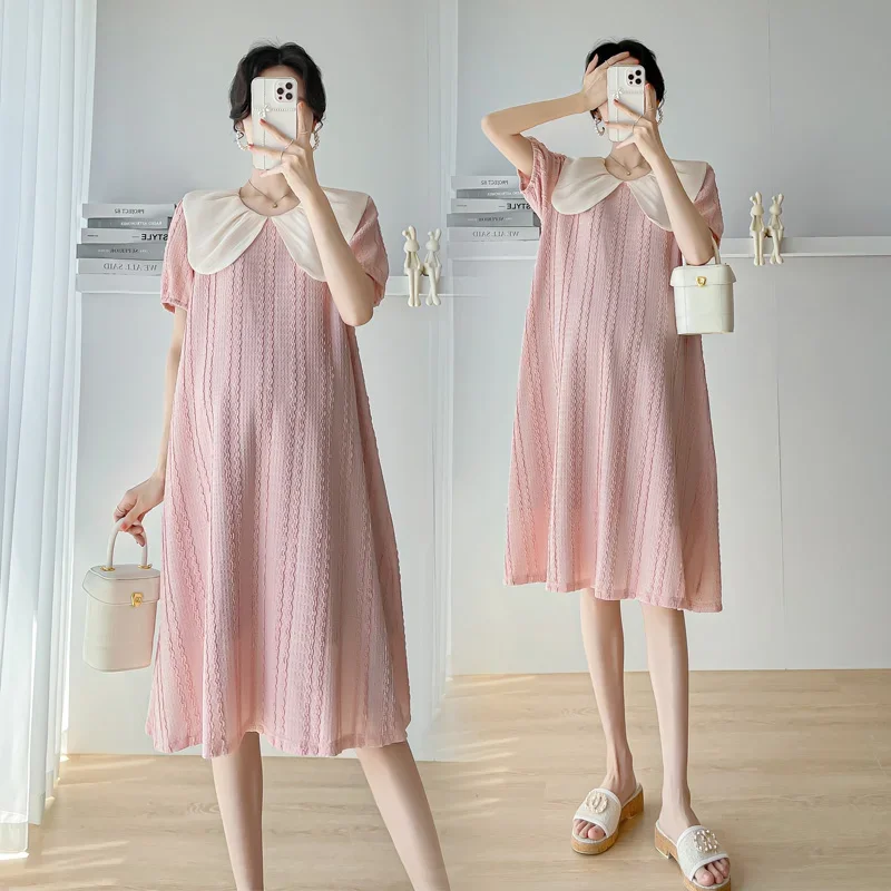 Korean Style Pregnant Women's Summer Dress Peter Pan Collar Sweet and Fashionable Loose Short sleeved Dress Pink Maternity Dress