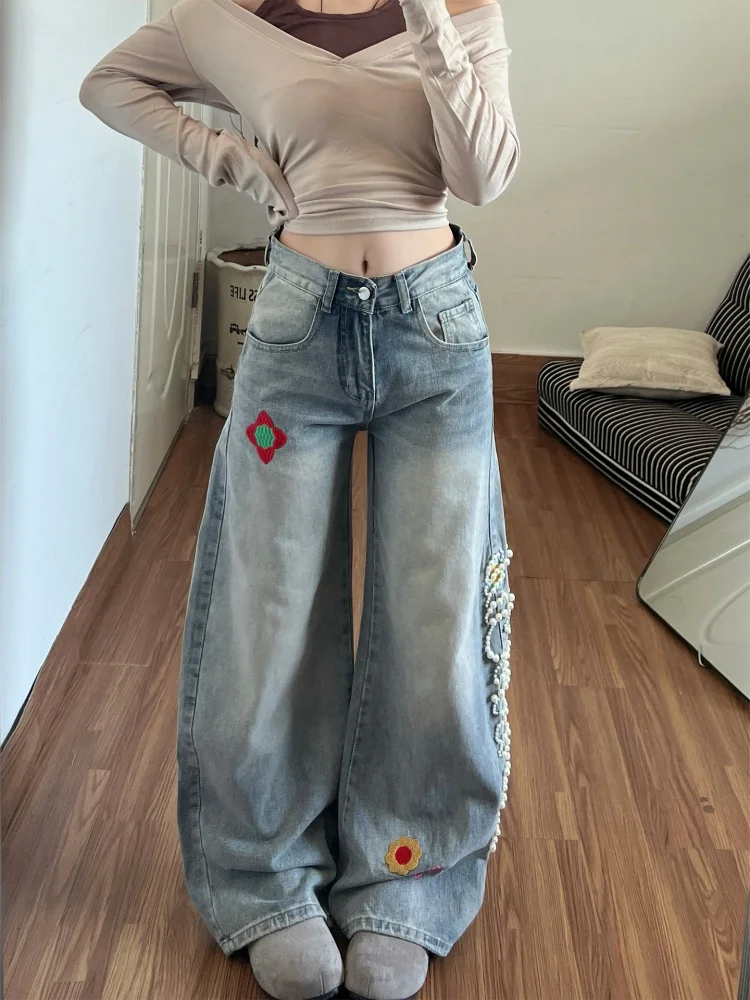 

Retro American Pearl Embroidery Straight Leg Jeans Women's Loose Slim Wide Leg Pants High Waist Spring 2026 Fashion Trend
