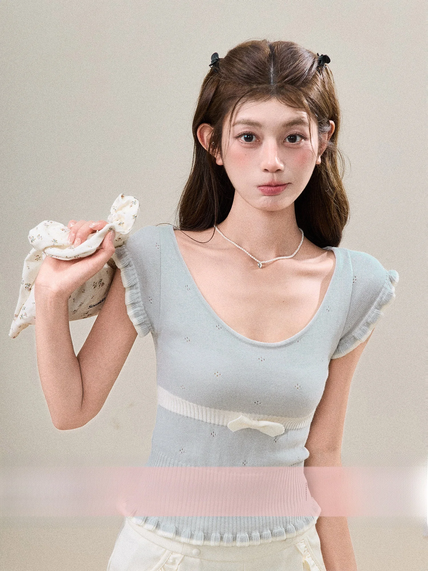 

BBT Sweety Women's Sweet Style Short Sleeve Knitted Woolen Top Thin Waist-Cinching Knot T-Shirt Spring Summer